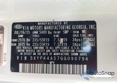 2016 Kia Sorento 3.3L Sxl из США, поврежденный, VIN 5XYPK4A57GG090794